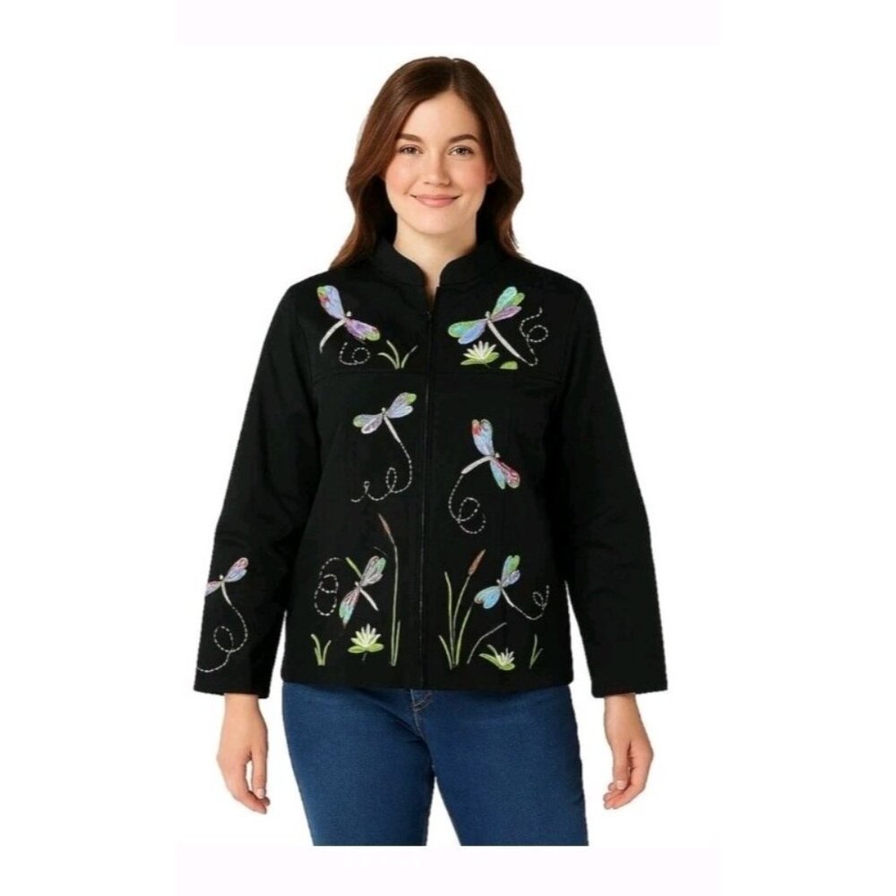 Quacker Factory Jacket Dragonfly Embroidered Black Coat Stretch Denim 2X NWT